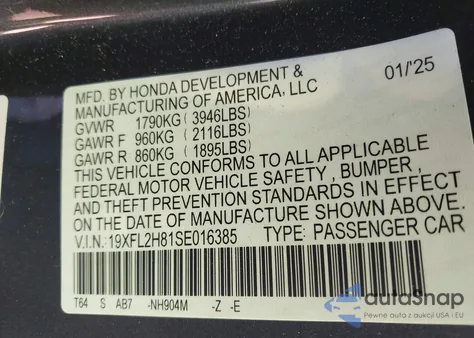 2025 Honda Civic Sedan Sport from USA, damaged, VIN 19XFL2H81SE016385